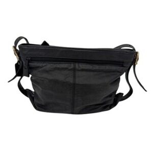 Cabin Creek Black Genuine Leather Crossbody Bag Zip‎ Top Adjustable Strap Brass